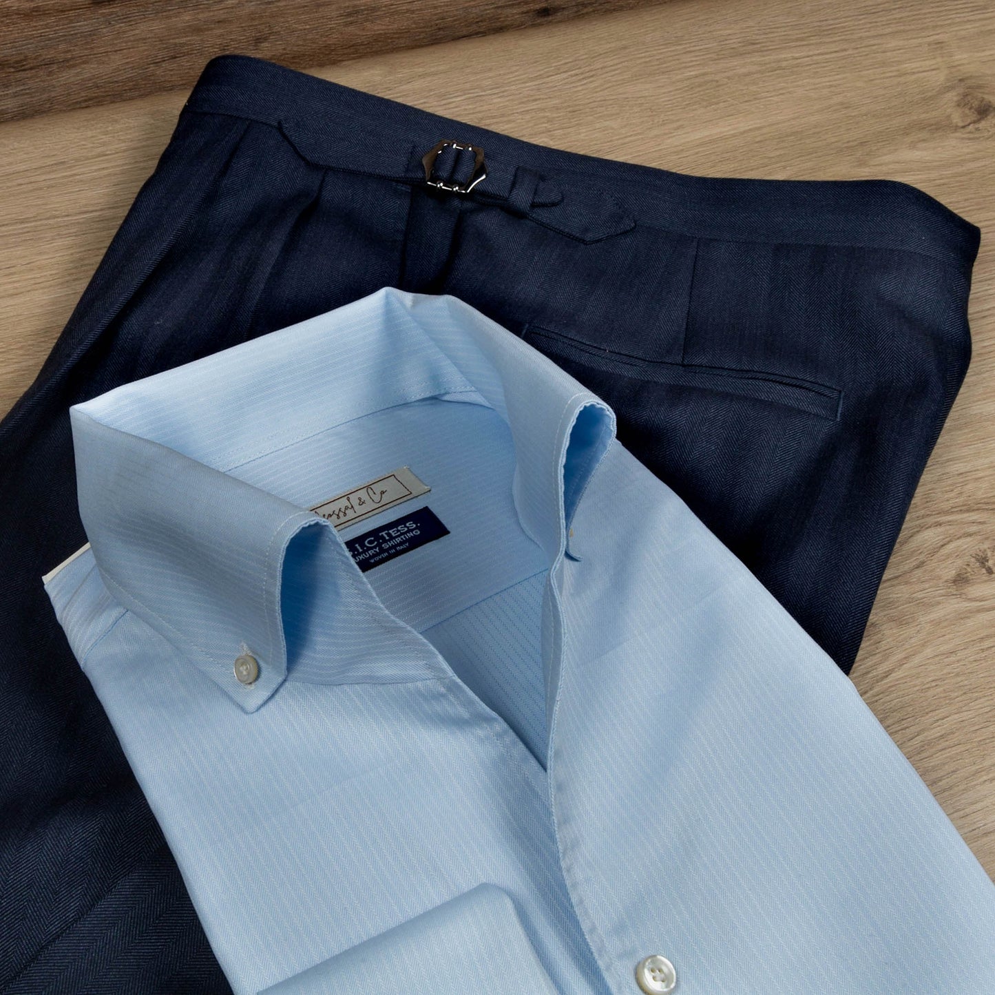 21 Micron Superbio Dark Blue Herringbone Custom Wool Trousers MMW0022