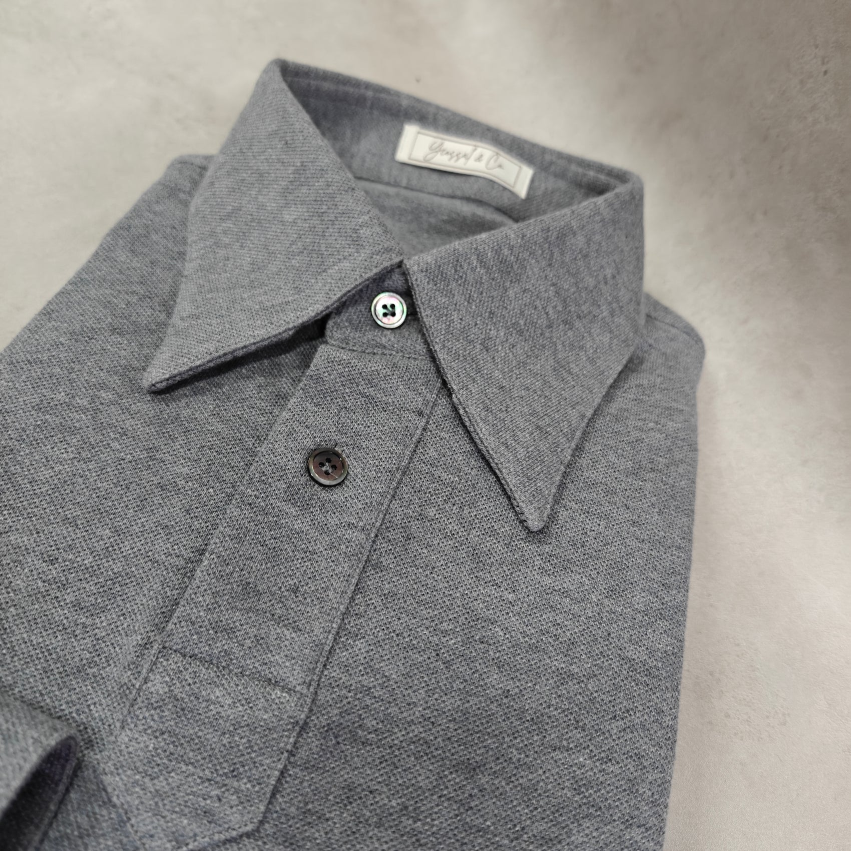 Melange Grey Stretch-Cotton Long Sleeves Polo Tee Shirt - SS117