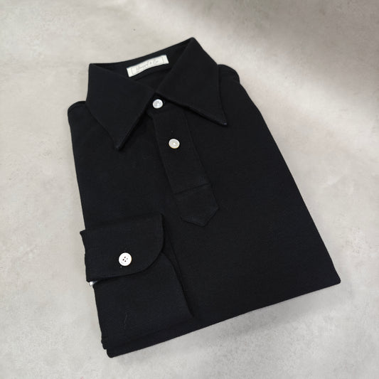 Black Stretch-Cotton Long Sleeves Polo Tee Shirt - SS116