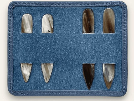 Horn Collar Stiffeners with Navy Leather Pouch Blue suede Interior