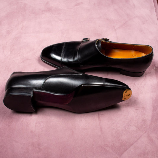 Jervois Black Box Calf Double Monk Leather Shoes - UK 11E - Yeossal & Co