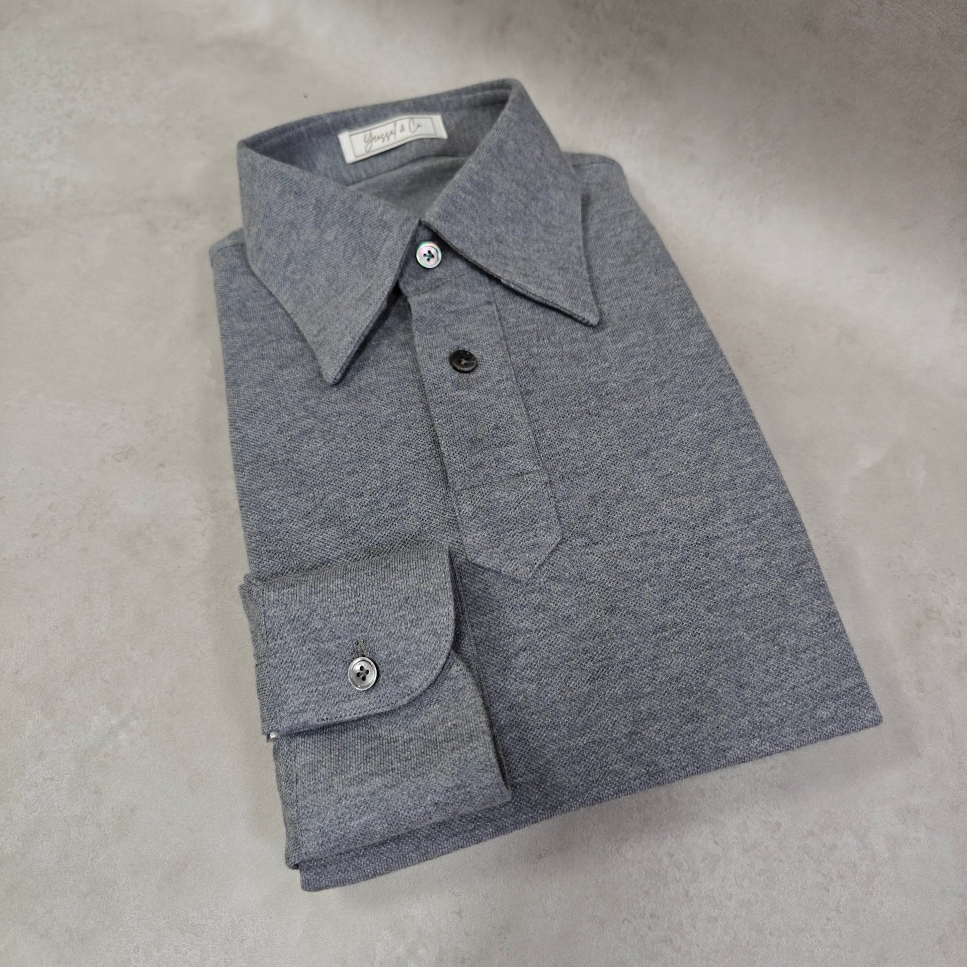 Melange Grey Stretch - Cotton Long Sleeves Polo Tee Shirt - SS117 - Yeossal & Co