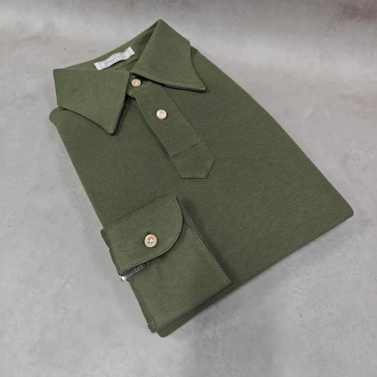 Military Green Stretch - Cotton Long Sleeves Polo Tee Shirt - SS115 - Yeossal & Co