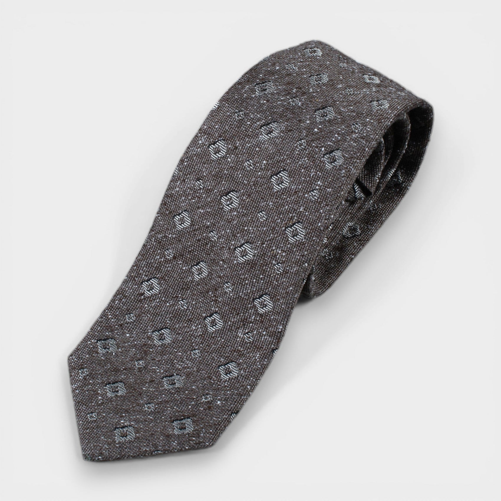 Textured Wool - Silk Tie with Square Motifs - Brown - Yeossal & Co