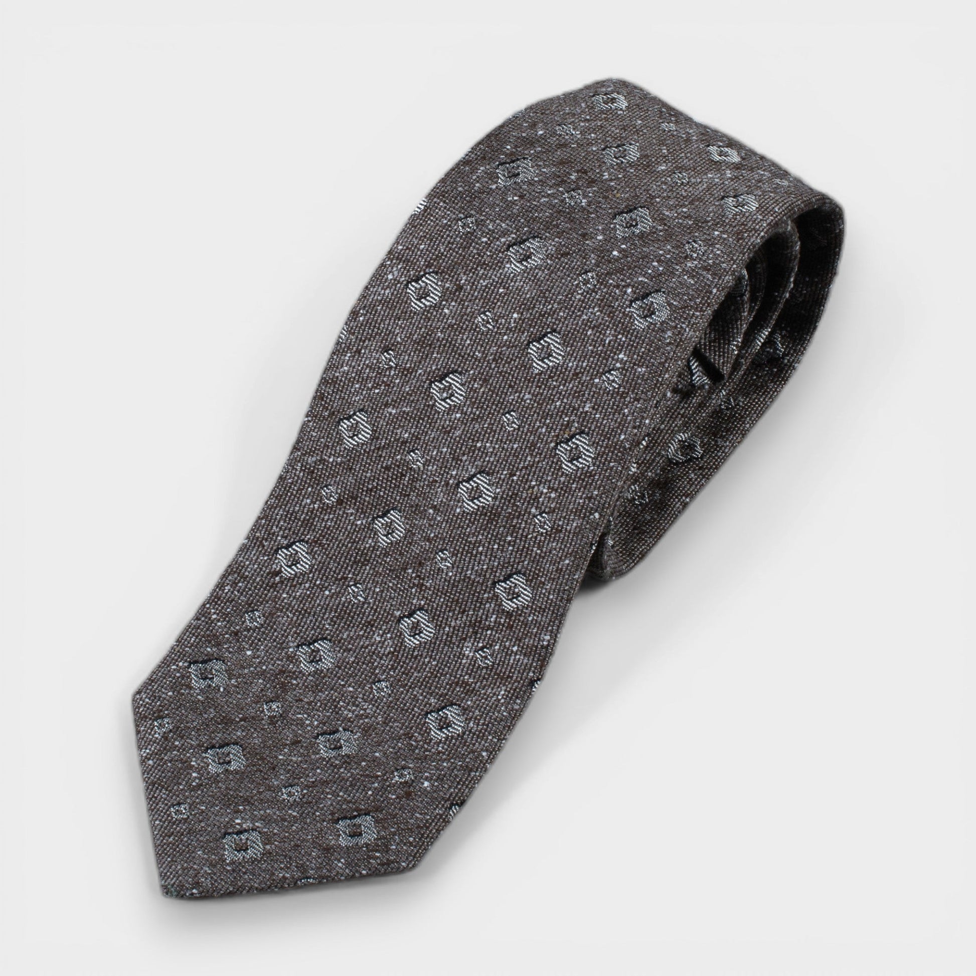 Textured Wool - Silk Tie with Square Motifs - Brown - Yeossal & Co