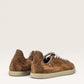 Yeossal tobacco brown suede GAT sneakers with cream laces and rubber sole. Low-profile, vintage-inspired design.