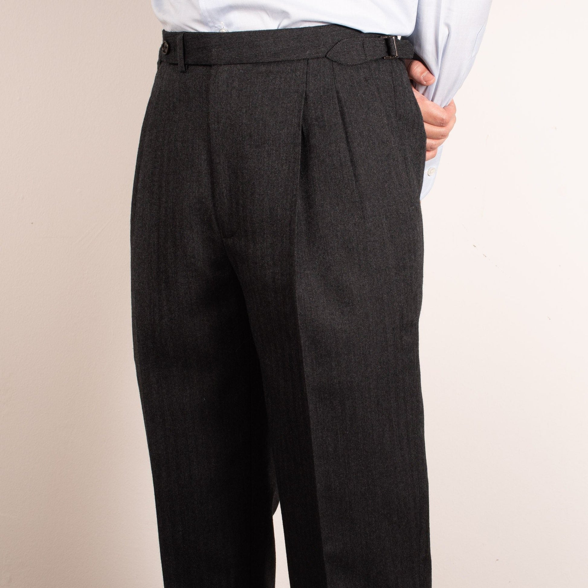 Charcoal Marle Herringbone Flannel Custom Trousers - Yeossal & Co
