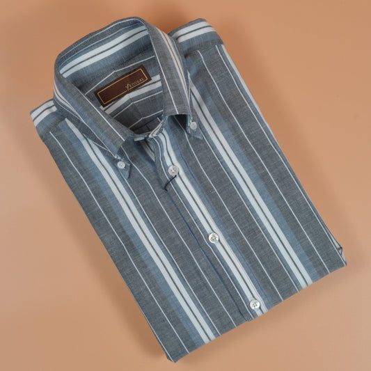 [Open Box - Like New] Thomas Mason Indigo/White Multi - Stripes Shirt - SS005 - Yeossal & Co