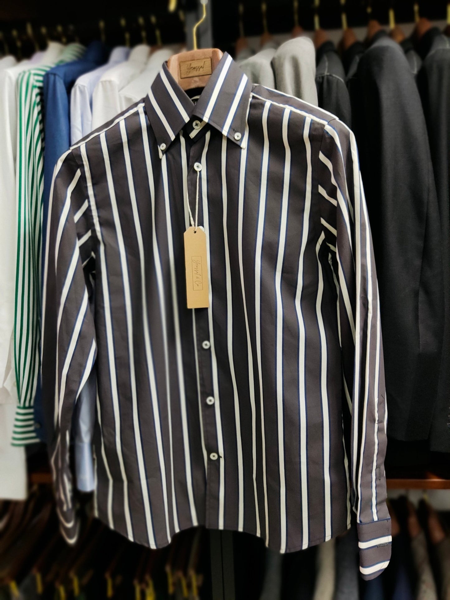 [Sample] Thomas Mason Grey/Navy/White Stripes Long Sleeves Shirt - SS073 - Yeossal & Co