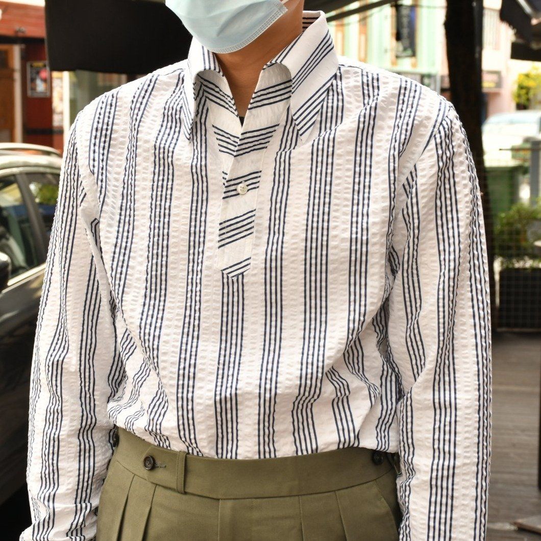 Thomas Mason White/Navy Multi - Stripe Seersucker Shirt MFC0395 - Yeossal & Co