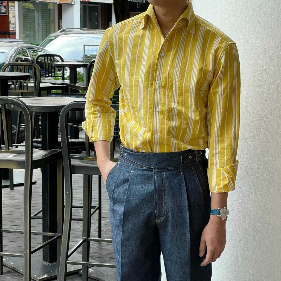 Thomas Mason Yellow/White Multi-Stripes Cotton-Linen Shirt MFA0558